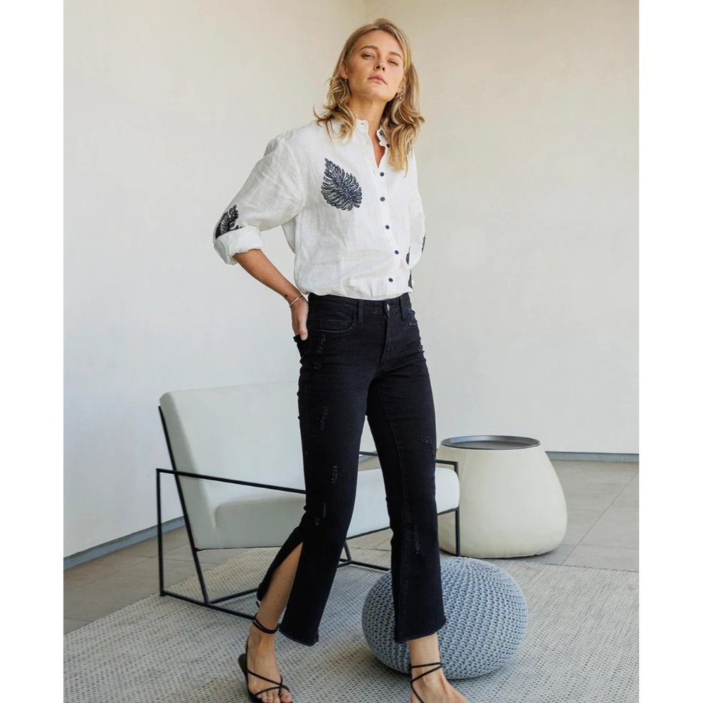 FLYING MONKEY Black - Mid Rise Crop Kick Flare Denim Jeans with Side Slit 24